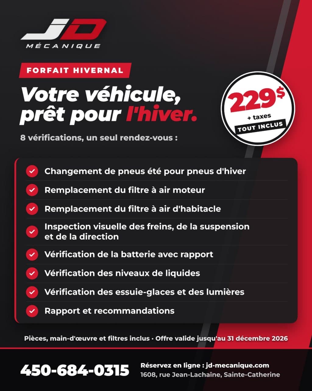 Forfait hivernal JD Mécanique — 8 vérifications, 229$ plus taxes, tout inclus